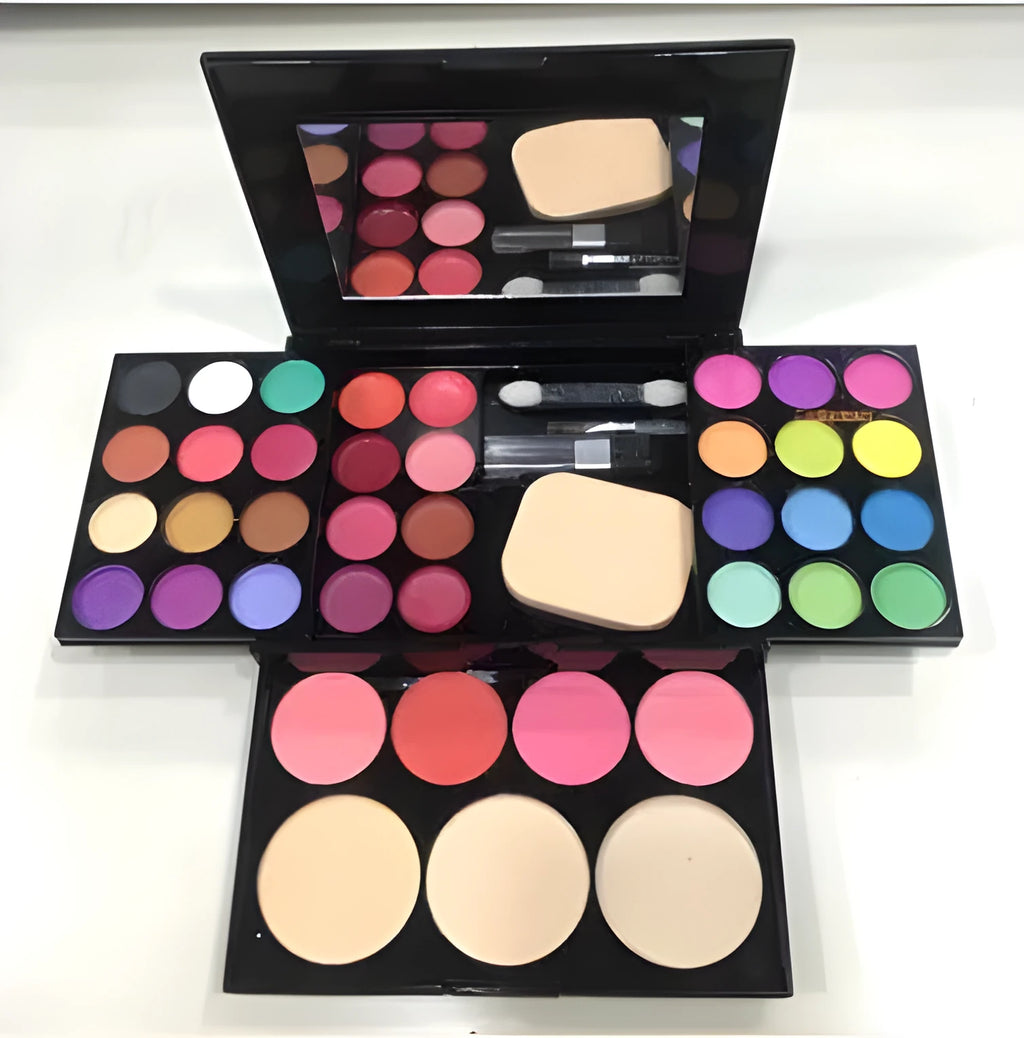 Three-layer makeup box set with 24-colour eyeshadow, 8-colour lipstick, 4-colour blush, 3 powder cakes, mirror and brushes