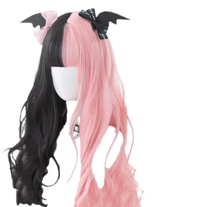 Black pink Harajuku Japanese Lolita wig with long curly hair and full fringe for cosplay
