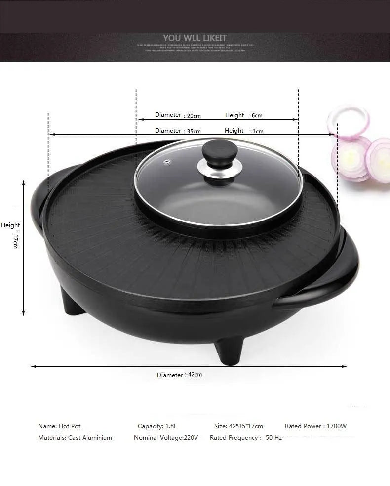 Black electric hot pot grill with teppanyaki plate and control panel, 5-6 litre capacity