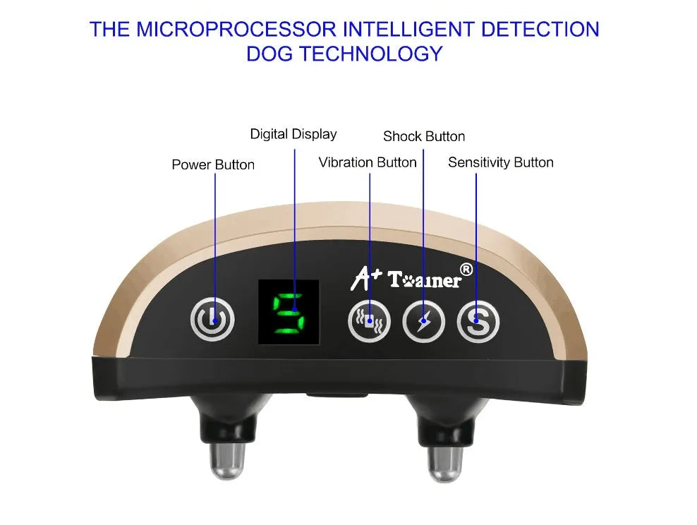 Digital display dog training collar with adjustable strap showing beep vibration shock modes