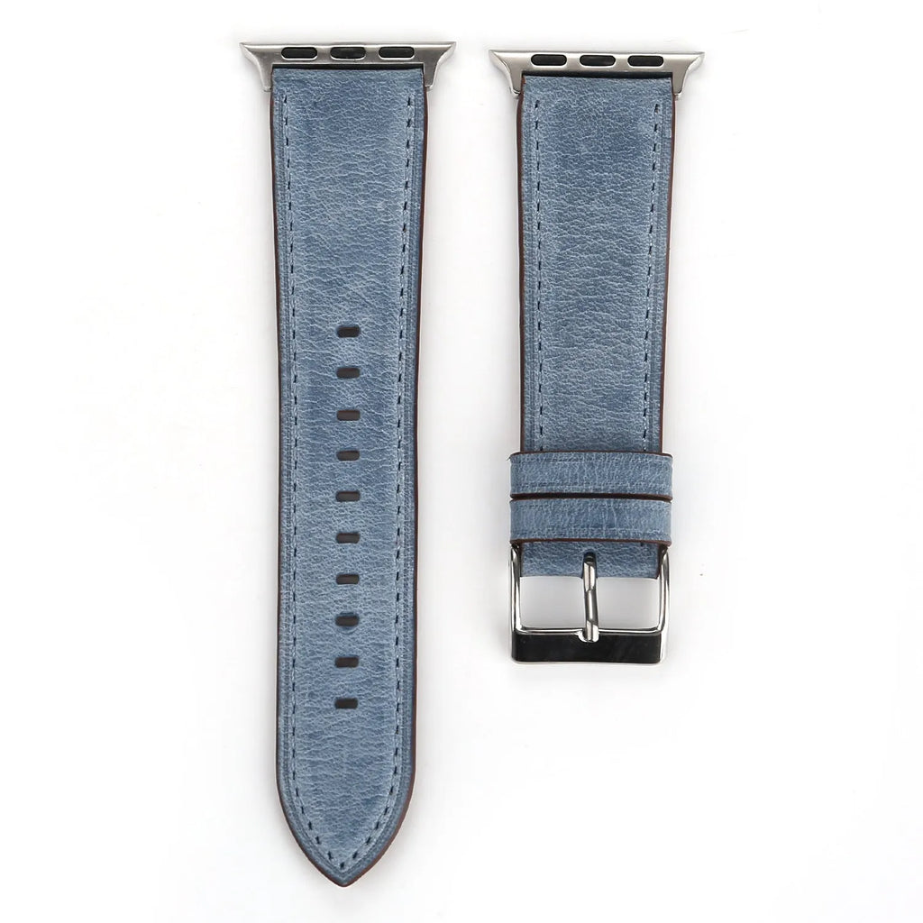 Genuine leather strap with folding buckle in multiple colours including blue, brown, and pink.