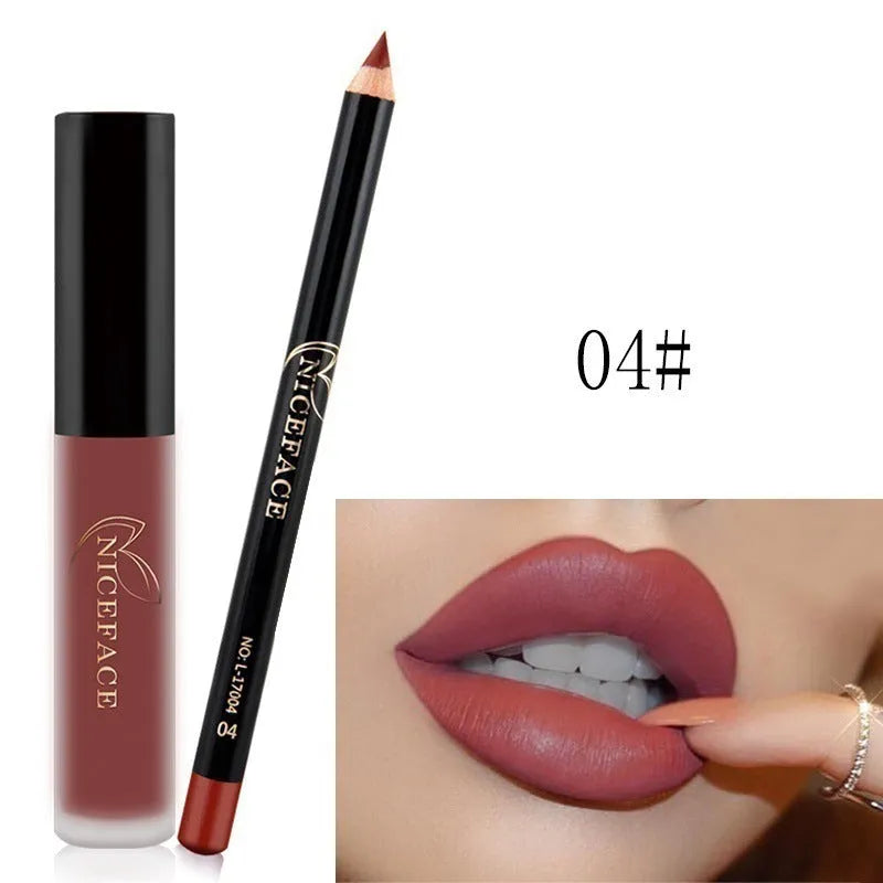 Matte lip gloss and freestyle lip pencil set in 12 colours with non-stick cup fade resistant formula