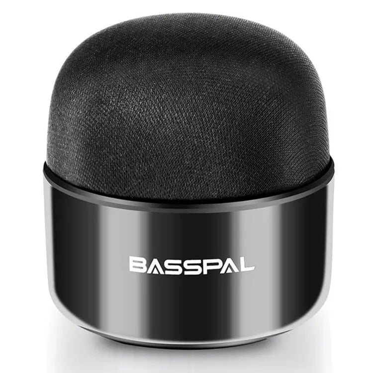 Black portable mini Bluetooth speaker with button controls and waterproof plastic shell.