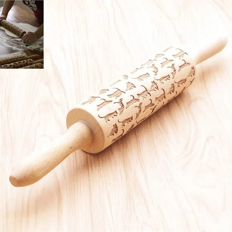 45cm long wooden rolling pin with embossed Christmas patterns like reindeer and snowflakes for baking.