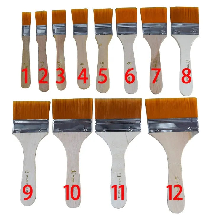 Nylon board paint brush with wooden handle in raw wood colour, model numbered set for oil painting