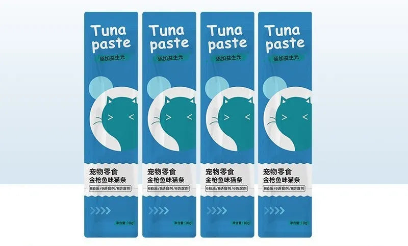 Assortment of cat strip snacks for kittens with four flavour varieties