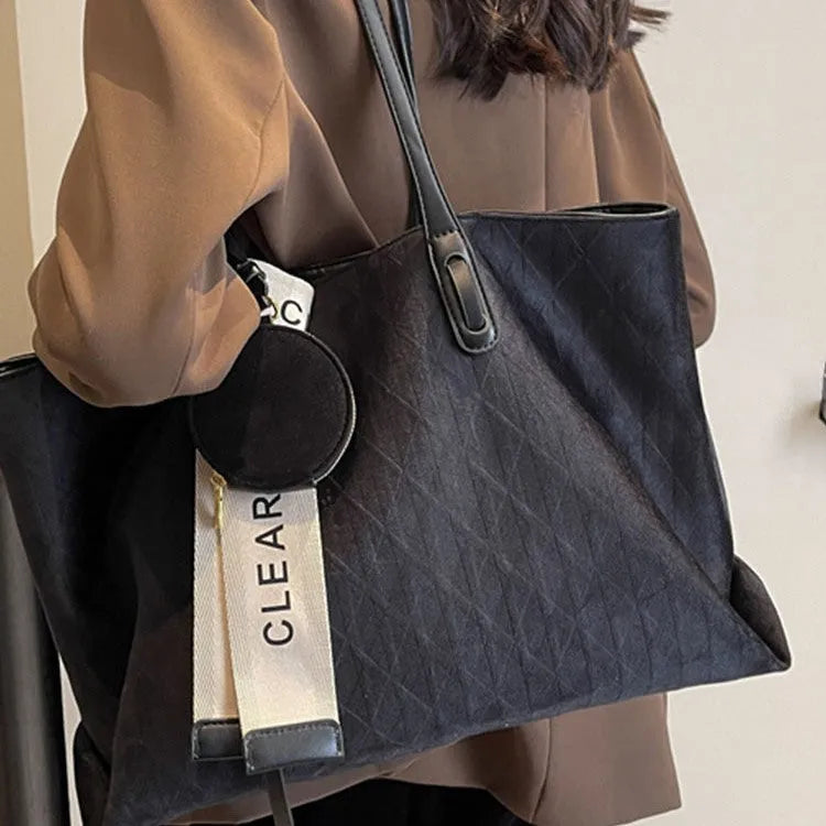 Soft polyester large capacity casual tote shoulder bag in a horizontal square shape with a zip pocket, shown in one of four colours.