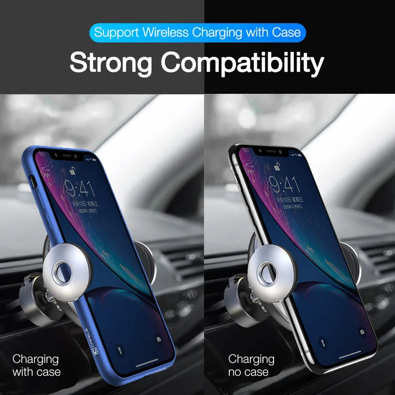 Black wireless car charger phone holder with Qi standard, 63-88mm phone width