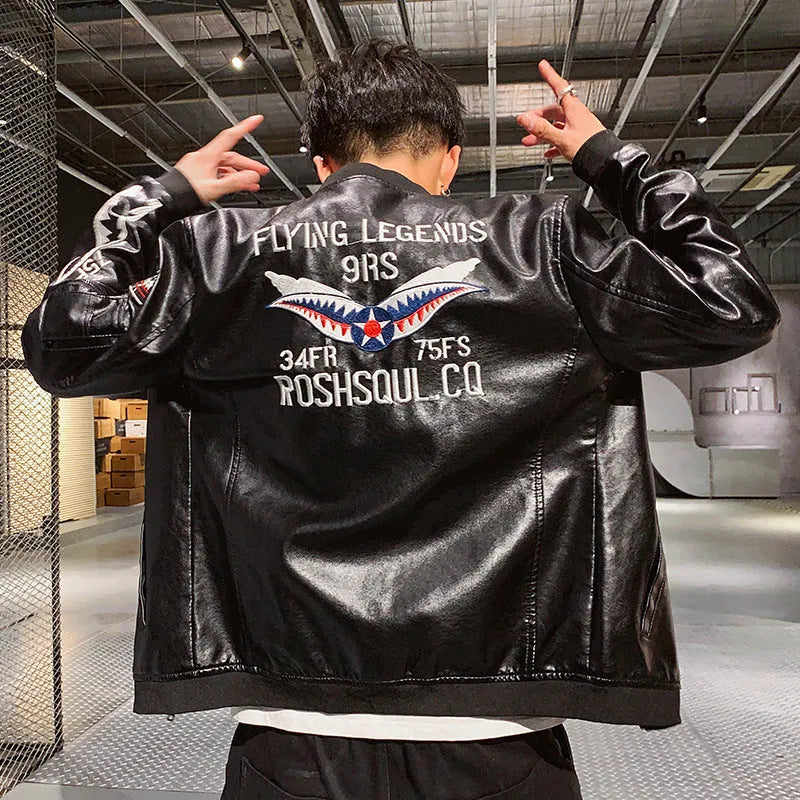 Men's embroidered PU leather motorcycle jacket in black with standing collar and zipper front