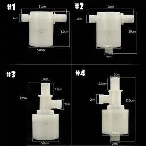 White nylon automatic float valve with brass thread connections for water level control.