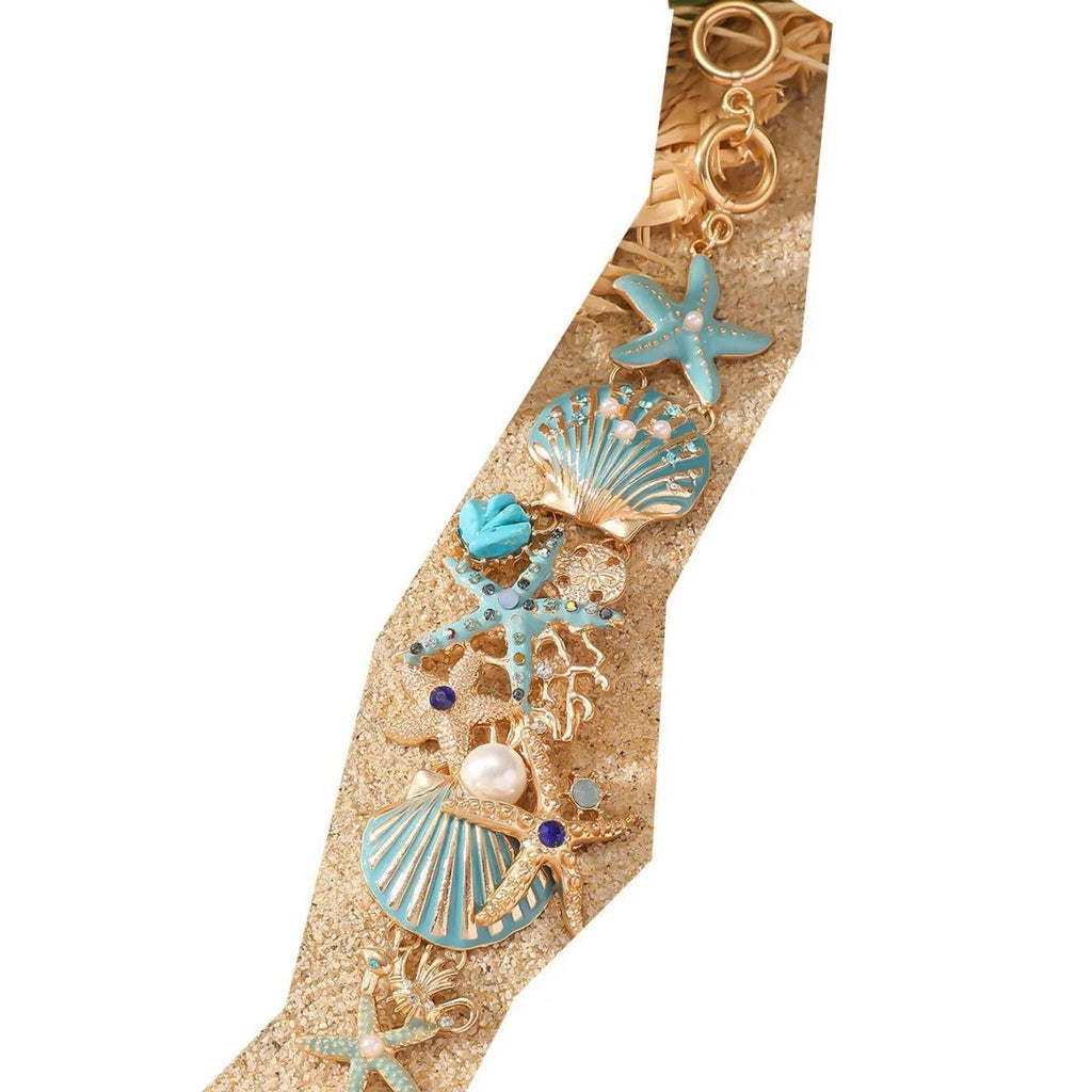 Alloy boat anchor and starfish bracelet for women in turquoise, red, or blue.