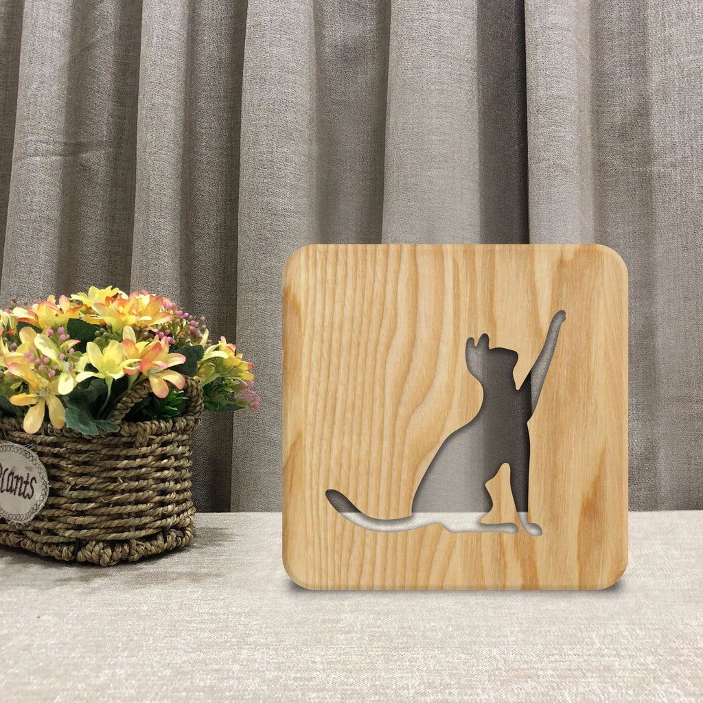 Solid wood 3D cat silhouette night light with hollow design and USB power cable