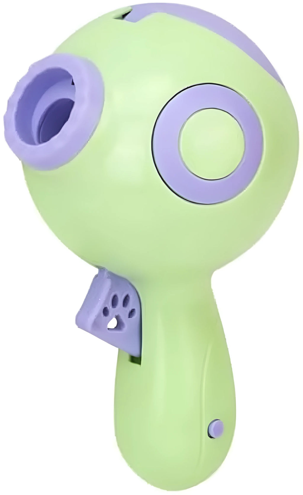 Green, orange, and pink plastic dog treat launcher toy with dispenser for interactive play and training.