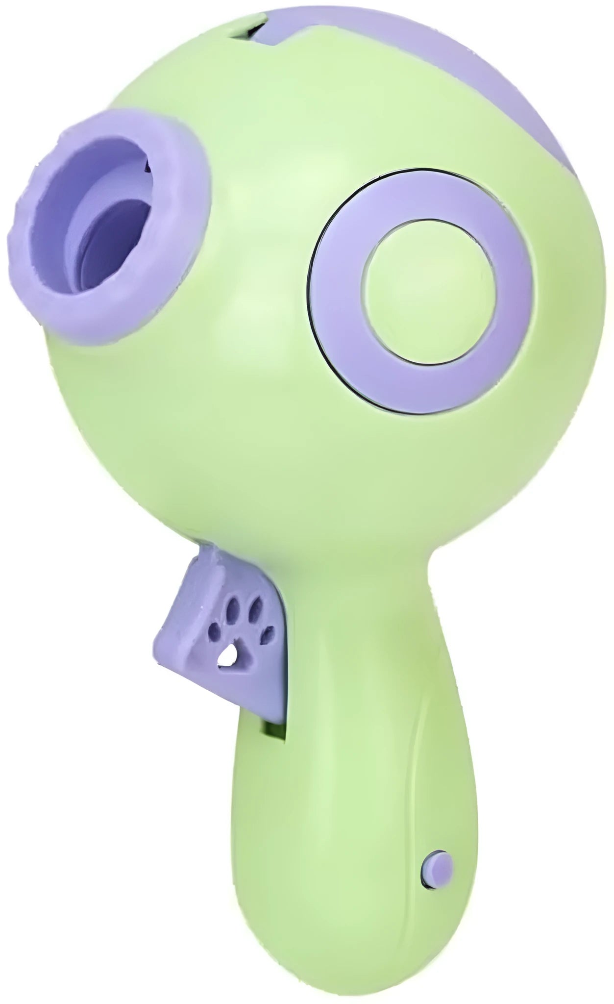 Green, orange, and pink plastic dog treat launcher toy with dispenser for interactive play and training.