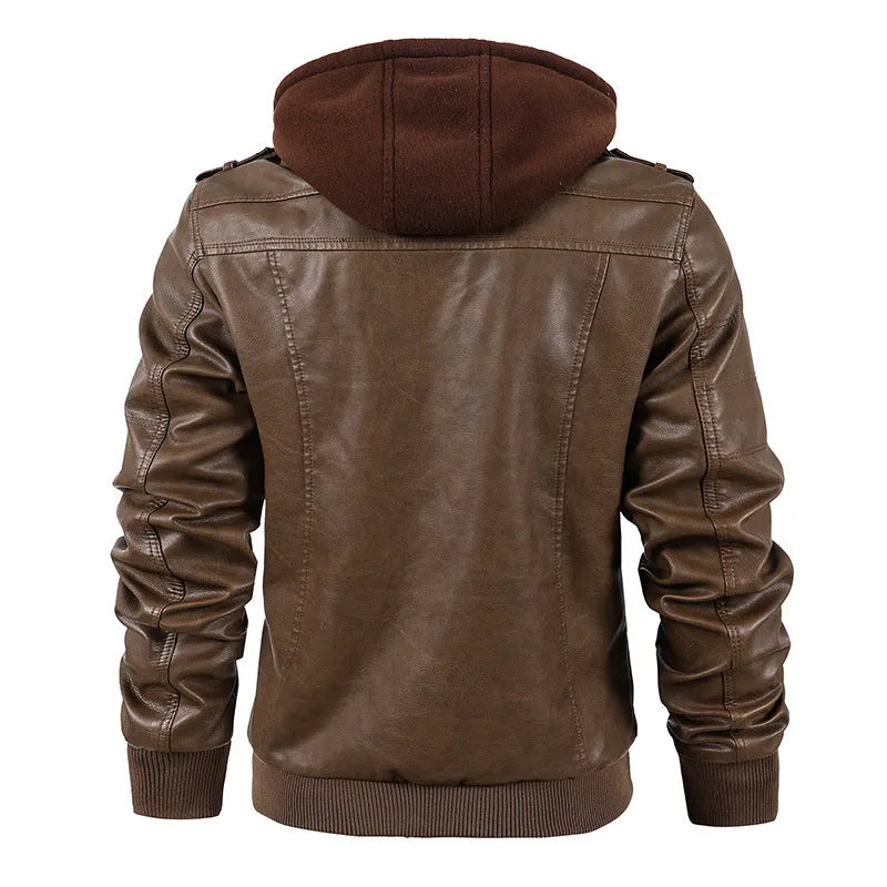 Men's black PU leather motorcycle jacket with stand collar, zip front, and hood, shown on a mannequin