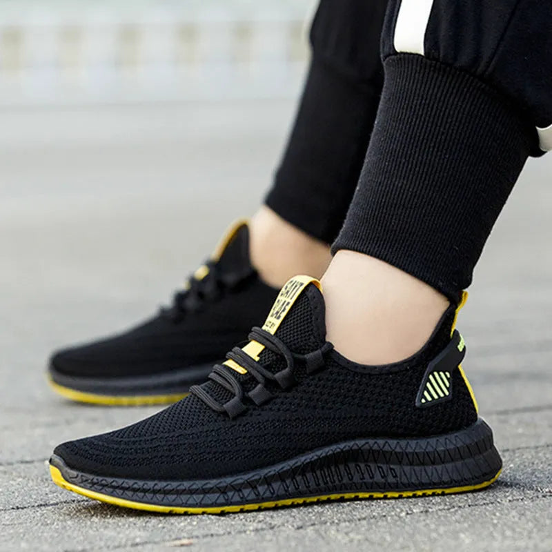 Men's flying woven sneakers with plastic sole, flat heel, round toe, in orange, white or yellow, sizes 39-44