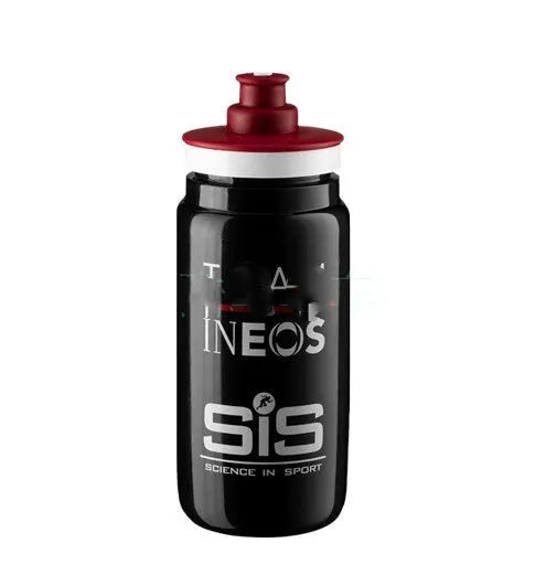 Plastic push-type cycling water bottle in Movistar colour, 750ml, with blue and red stripes on white background