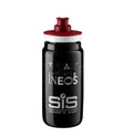 Plastic push-type cycling water bottle in Movistar colour, 750ml, with blue and red stripes on white background