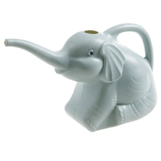 Pink children's watering can shaped like a sitting elephant with a long nozzle and bottle-shaped handle.
