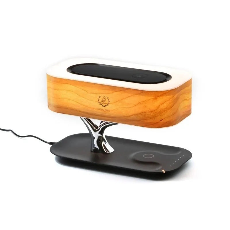 Creative Tree Light Table Lamp with Bluetooth speaker, wireless charger, natural cherry veneer lampshade, tree-shaped support