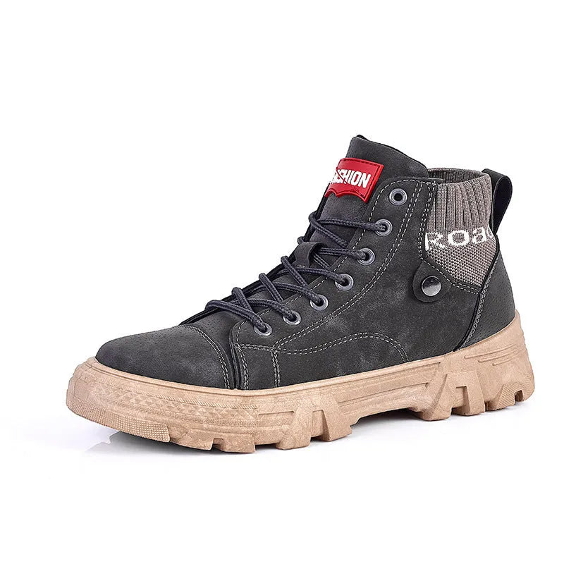 Men's high top Martin boots in Black, round toe, square heel, front tie closure, artificial PU upper