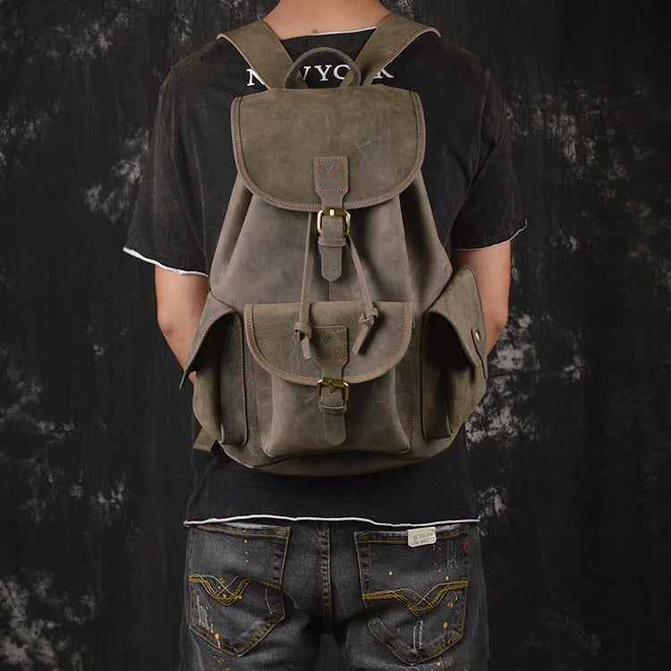 Men's retro leather drawstring backpack, 20L first layer cowhide, 30cm x 15cm x 40cm, Black Dark Brown Retro Brown