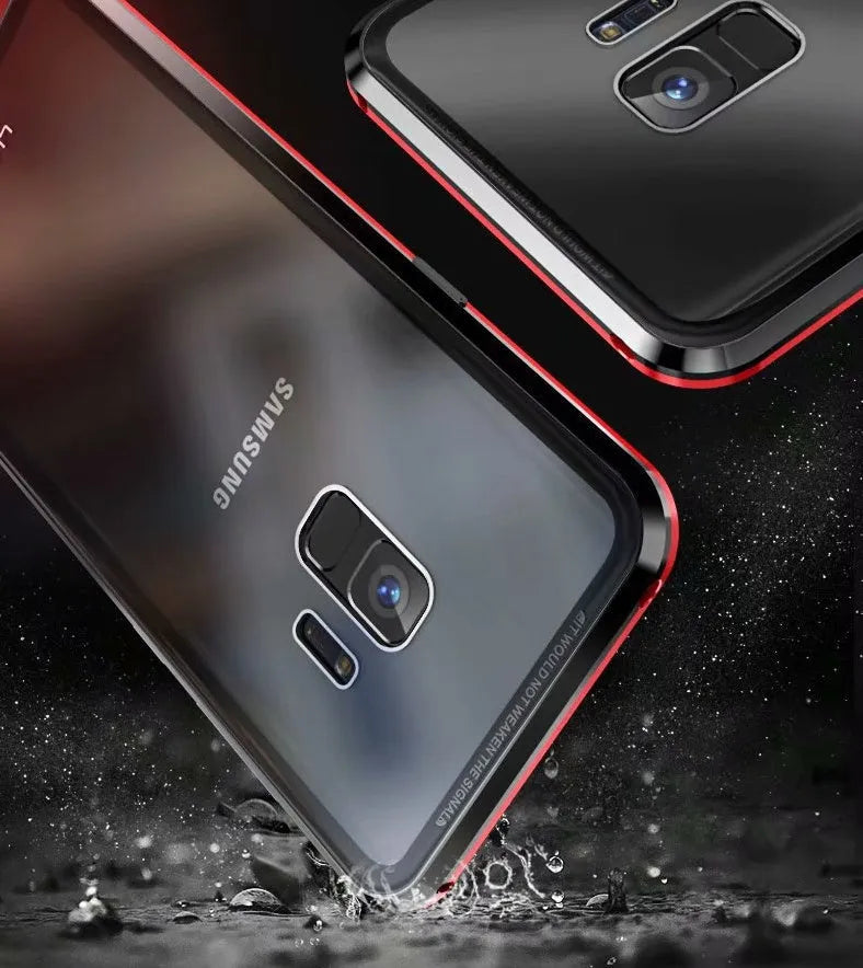 Black clamshell anti-peeping magnetic phone case for Samsung Galaxy shown open and closed.