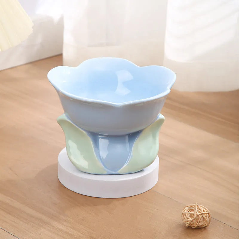 Ceramic raised pet bowl with floral pattern and non-slip base for cats and small dogs