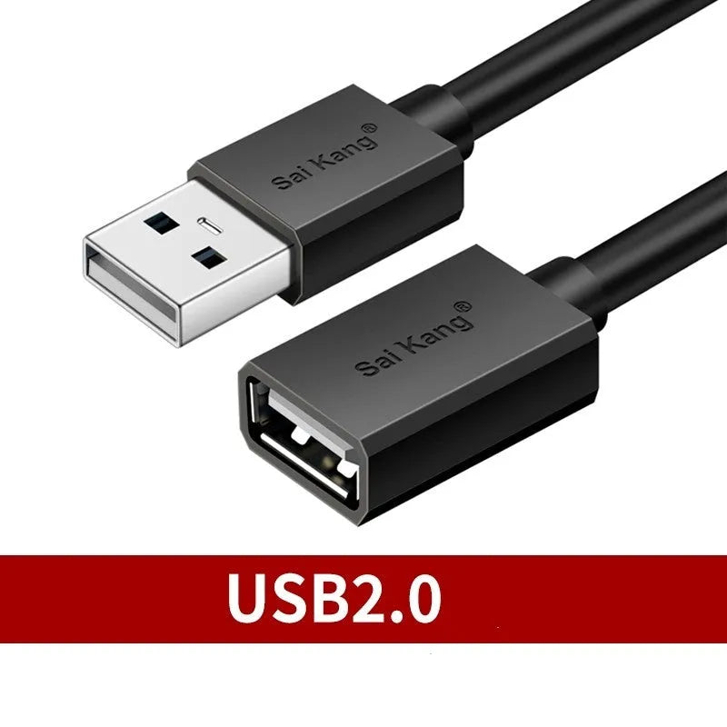 A black USB male to female extension cable showing the connector types, available in multiple lengths.