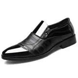 Men's black pointed toe low top business dress shoes with artificial PU upper and rubber sole