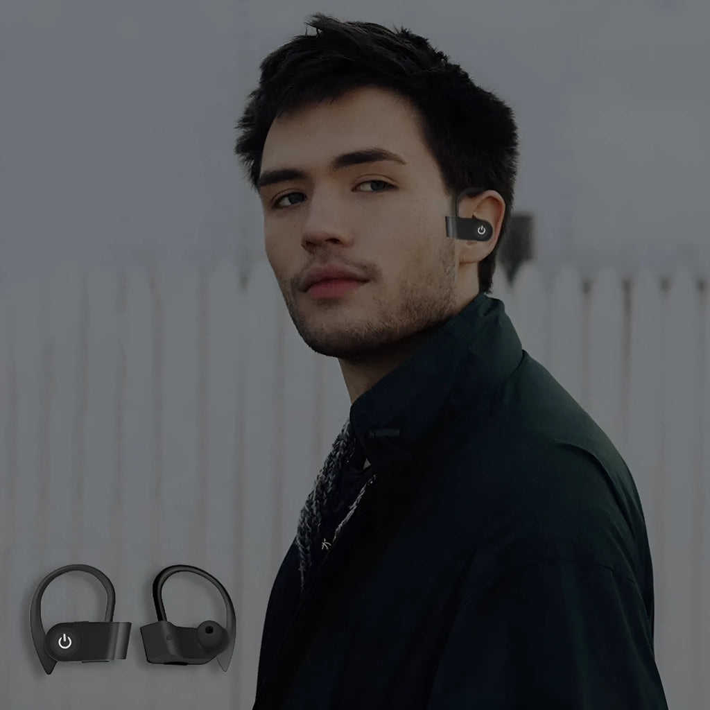 V5.0 Bluetooth wireless earphones with ergonomic design in black, grey, and red colour options