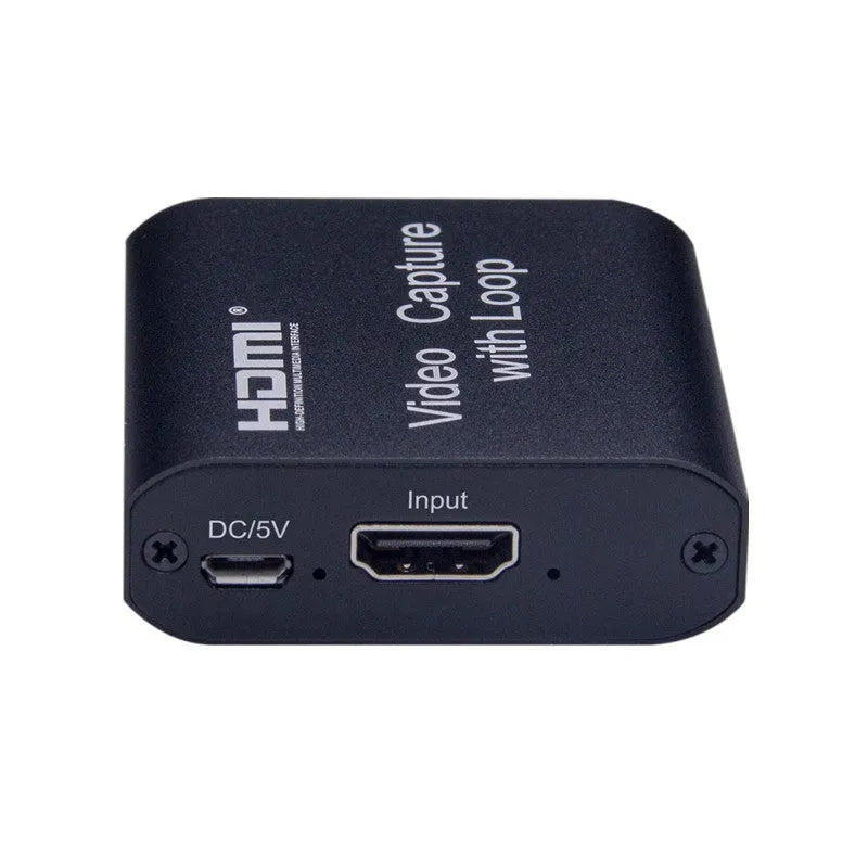 Black HDMI 4K video capture card with USB interface and loop out port