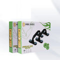 I-shaped detachable push up bars with black fruit green foam grips on PP plastic frame, yellow box packaging