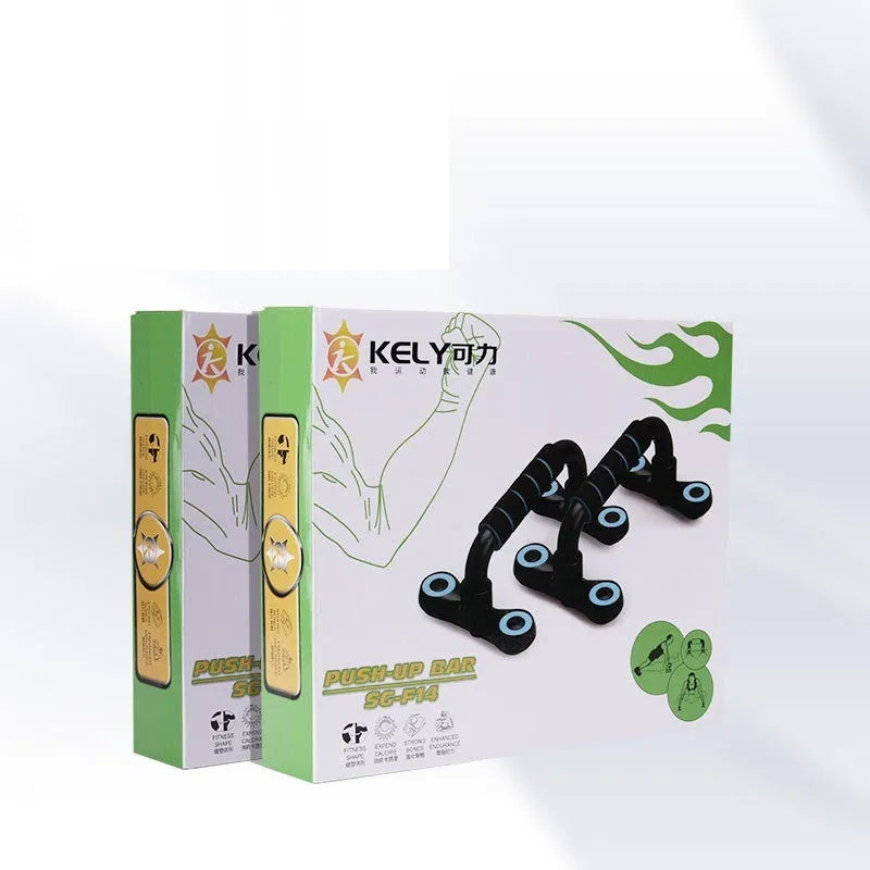 I-shaped detachable push up bars with black fruit green foam grips on PP plastic frame, yellow box packaging