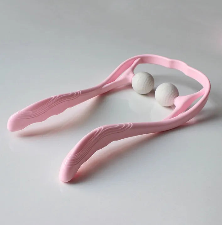 Blue plastic neck massager hand roller with adjustable stand and 3D floating massage points.