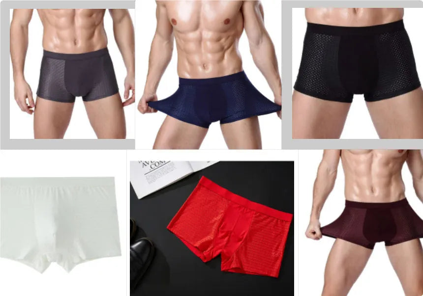 Men's solid colour ice silk modal boxer briefs with U convex design on a mid waist.