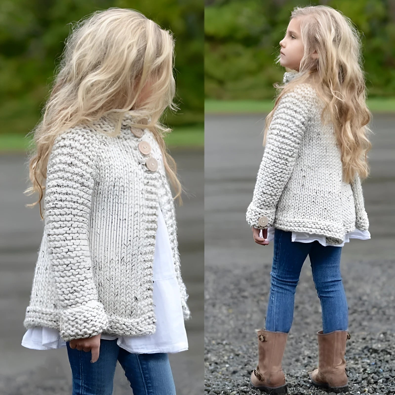 Beige girls' cardigan sweater coat with long sleeves and single-breasted closure