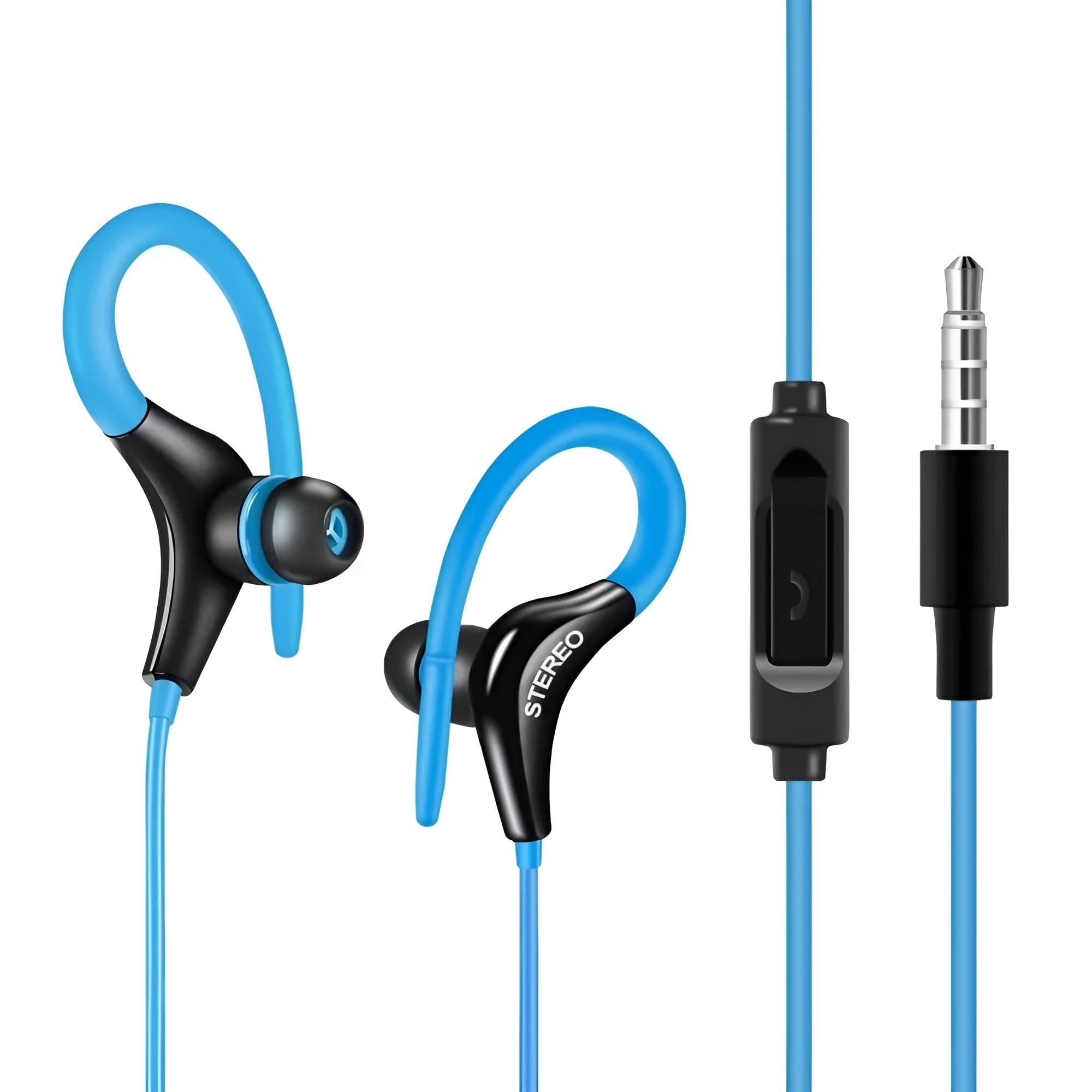 Wired earhook sport headphones with inline microphone and control button on a 1.2m cable.
