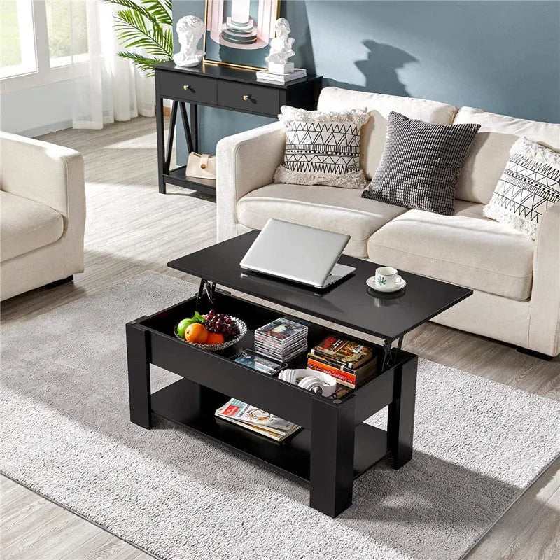 Black lifting coffee table with plate type surface in modern simplicity style for living room or office multi-function use