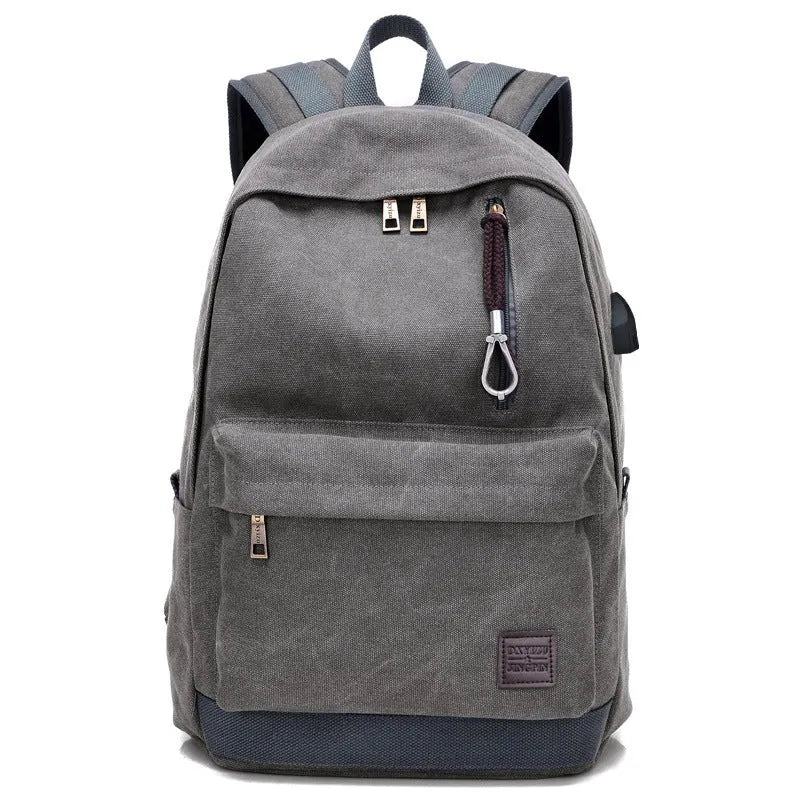 Canvas backpack with USB charging port and laptop compartment in grey colour