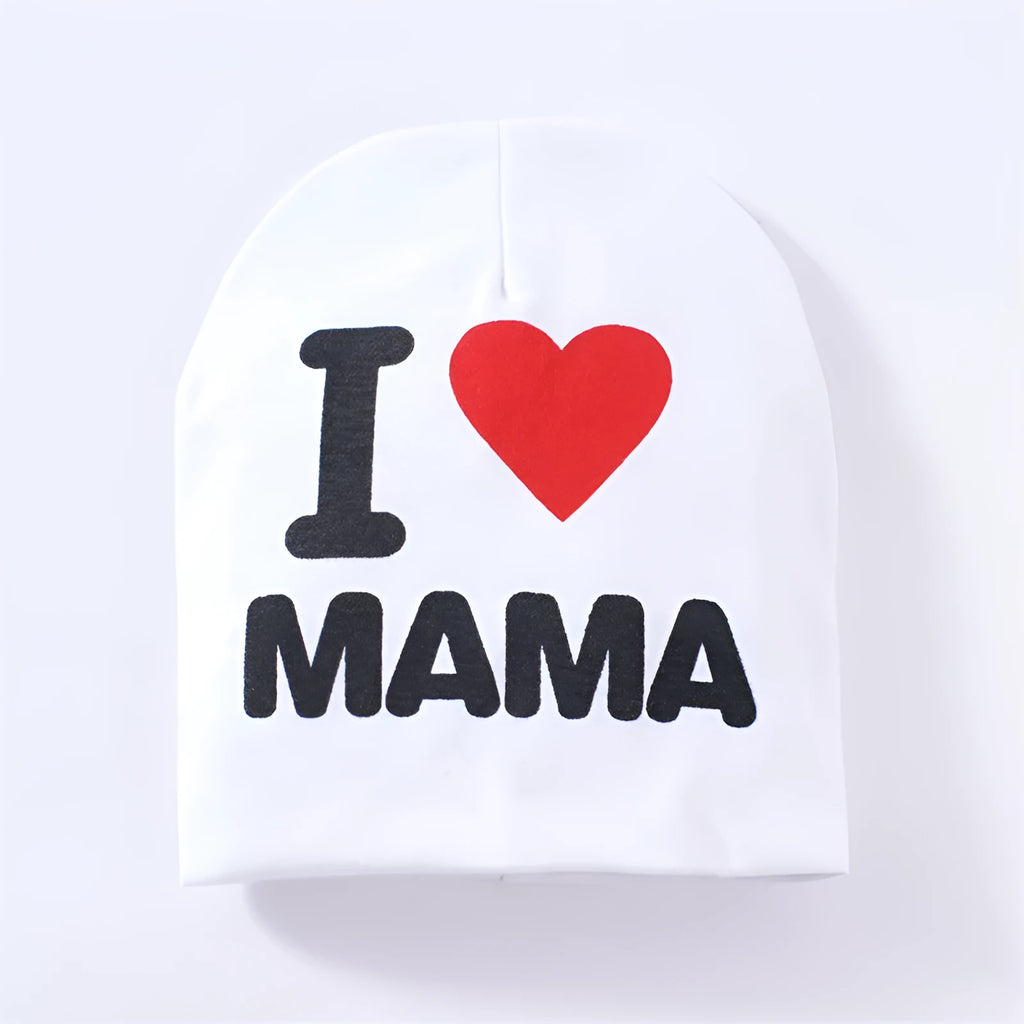 Baby beanie in cotton and Lycra blend for winter, shown in grey with a Love Mama heart print.