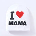 Baby beanie in cotton and Lycra blend for winter, shown in grey with a Love Mama heart print.