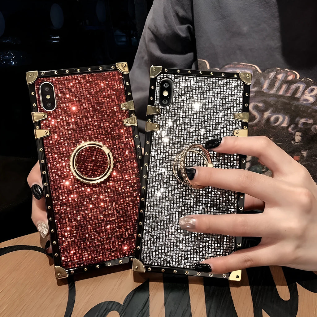 Square TPU mobile phone case with flash diamond bracket in gold, grey, red, and silver colour options