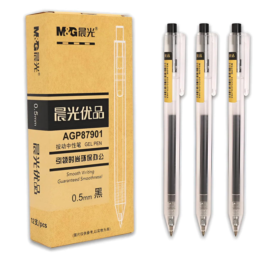 Twelve retractable gel pens with frosted black barrels and 0.5mm tips displayed with two refill units