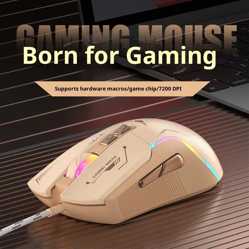 Gaming e-sports wired mouse with optical sensor, 1.5m cable, black colour, on desk next to notebook