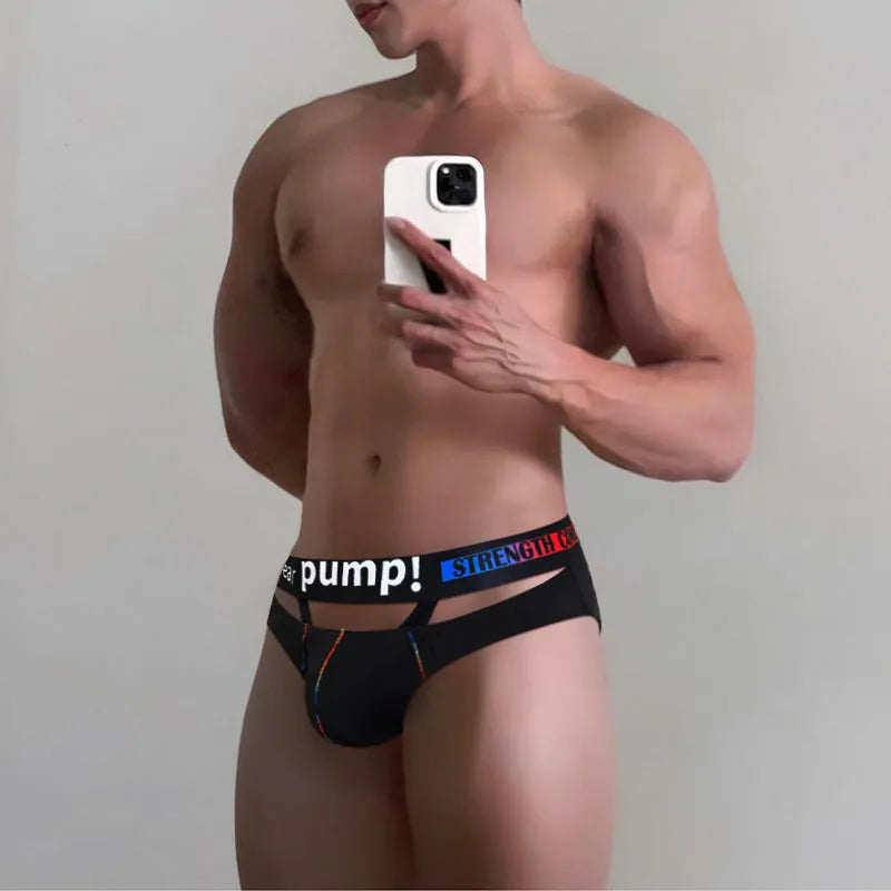 Men's low-waist modal briefs in black and white colour options showing solid design