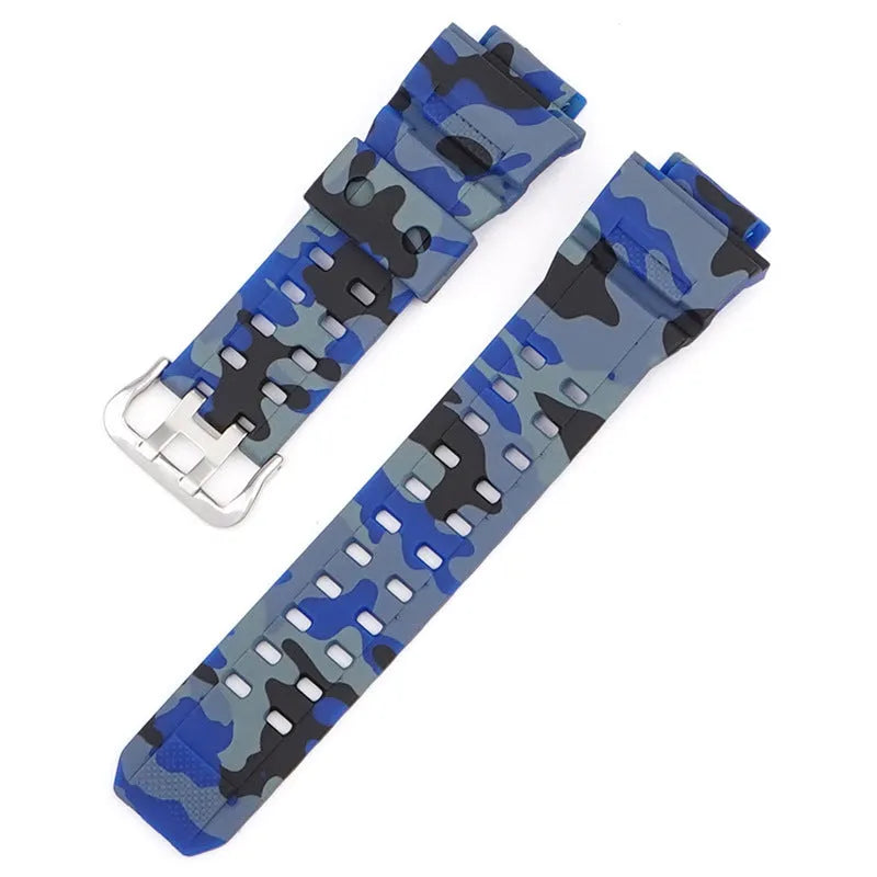 Camouflage TPU watchband with silver buckle, showing strap length and colour options