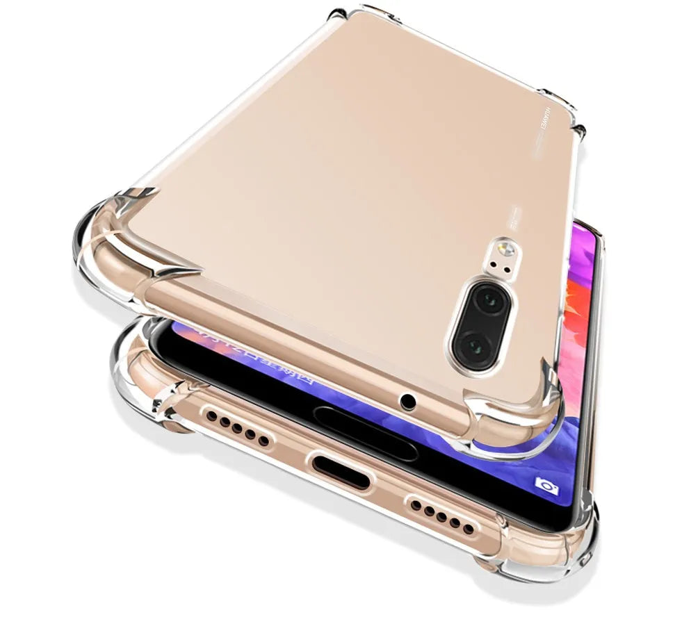 Transparent airbag drop-resistant phone case on Huawei smartphone showing clear protective coverage