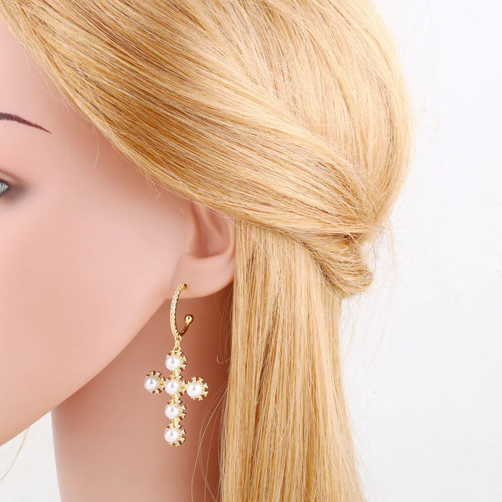 Geometric circle cross ear clip earrings for women, copper with pearl accent, colour options A and B