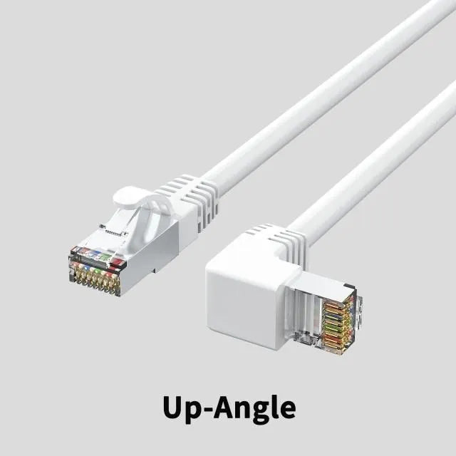 Cat6 Ethernet cable with a right-angle black RJ45 connector alongside cables in white, red, and yellow.